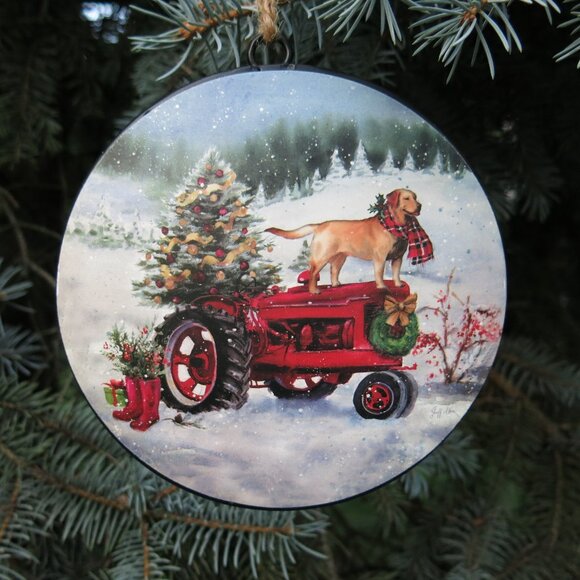Double Sided Metal Winter Tractor Tree Dog Christmas Round Hanging Decoration - Picture 1 of 6
